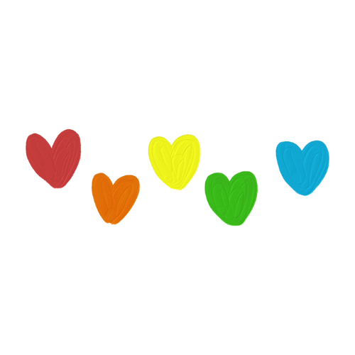 Vijf kleurrijke harten in rood, oranje, geel, groen en blauw op een witte achtergrond.